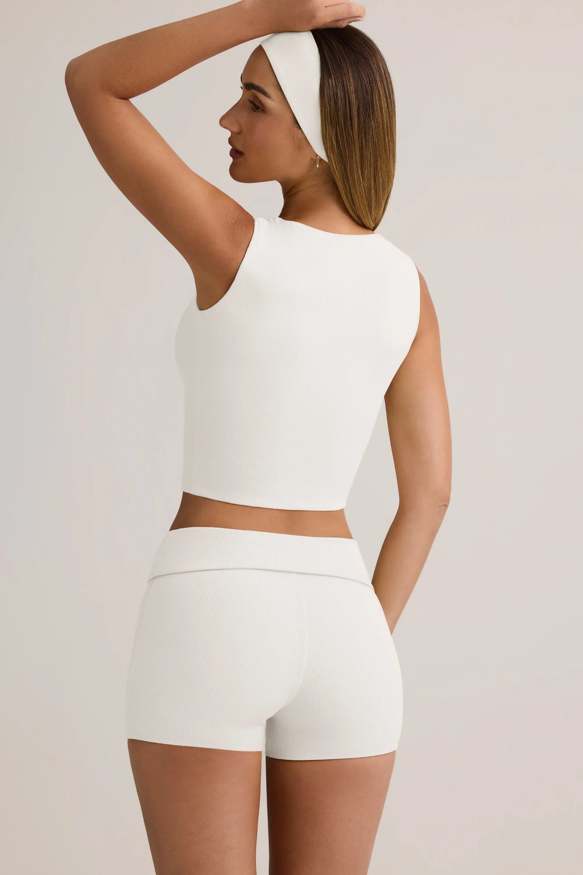 Gusseted Crotch Hygienic Antimicrobial Layer Modal Ribbed Mid-Rise Foldover Shorts in White