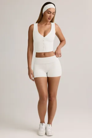 button fly Modal Ribbed Mid-Rise Foldover Shorts in White