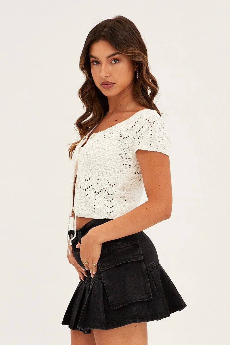 Black Mid Rise Out Pocket Cargo Mini Denim Skirt Statement Piece Twist Front