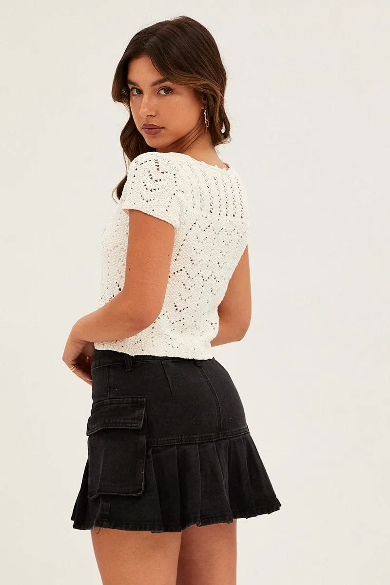 Black Mid Rise Out Pocket Cargo Mini Denim Skirt Ultra Comfort Smooth Look