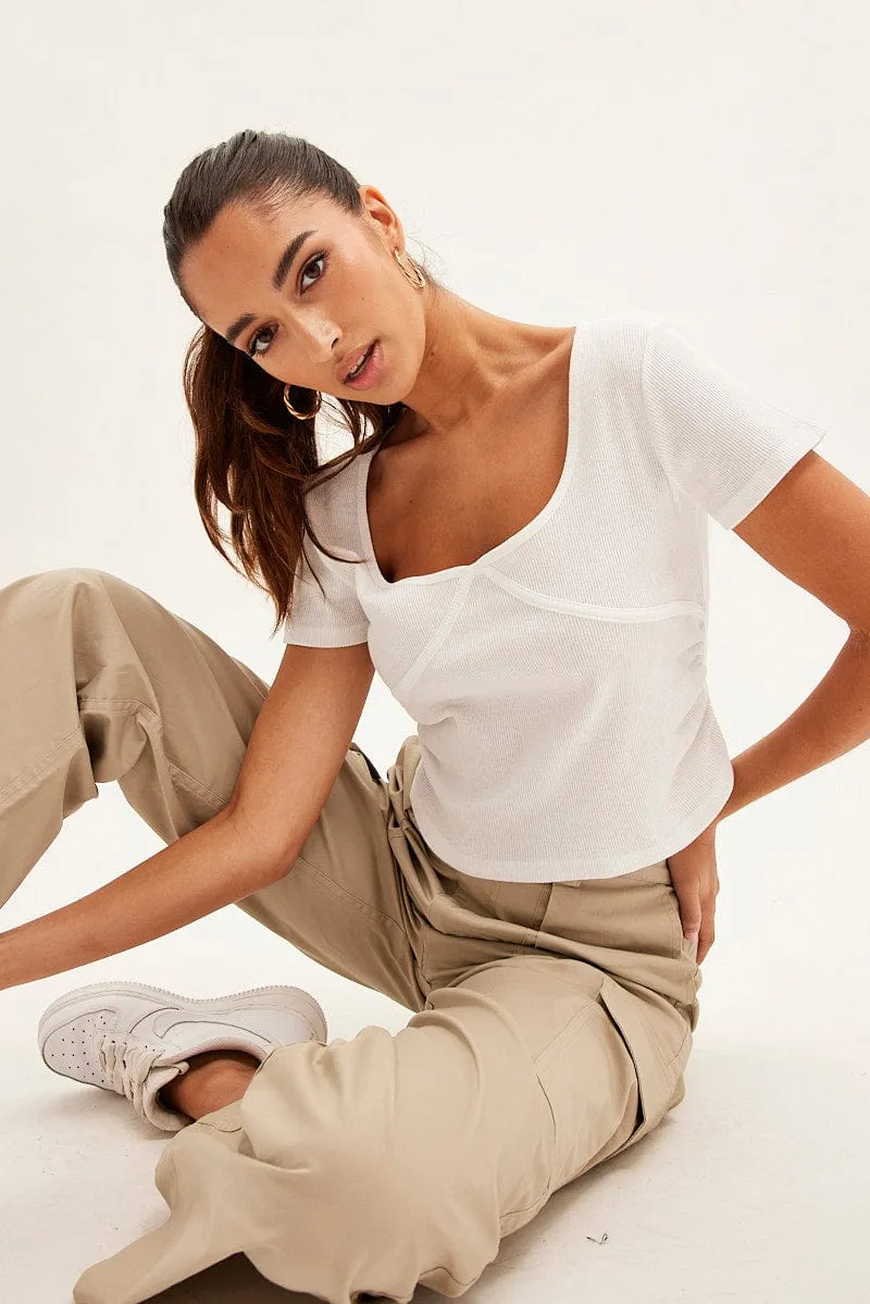 White T-Shirt Short Sleeve V Neck Earth Glow retro look