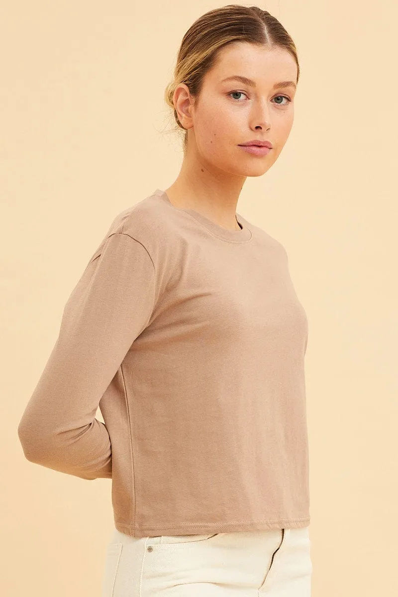 AllSeasonWear Beige Cropped T-Shirt Long Sleeve Crew Neck Cotton