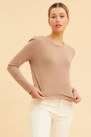 Beige Cropped T-Shirt Long Sleeve Crew Neck Cotton SmoothZipper