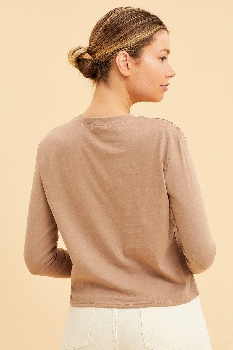 Outdoor Pants Beige Cropped T-Shirt Long Sleeve Crew Neck Cotton
