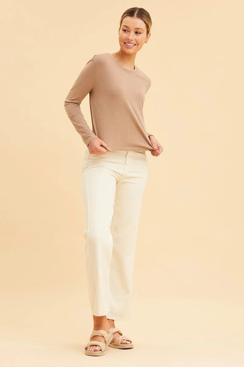 Beige Cropped T-Shirt Long Sleeve Crew Neck Cotton Cozy Pajamas Comfortable fit