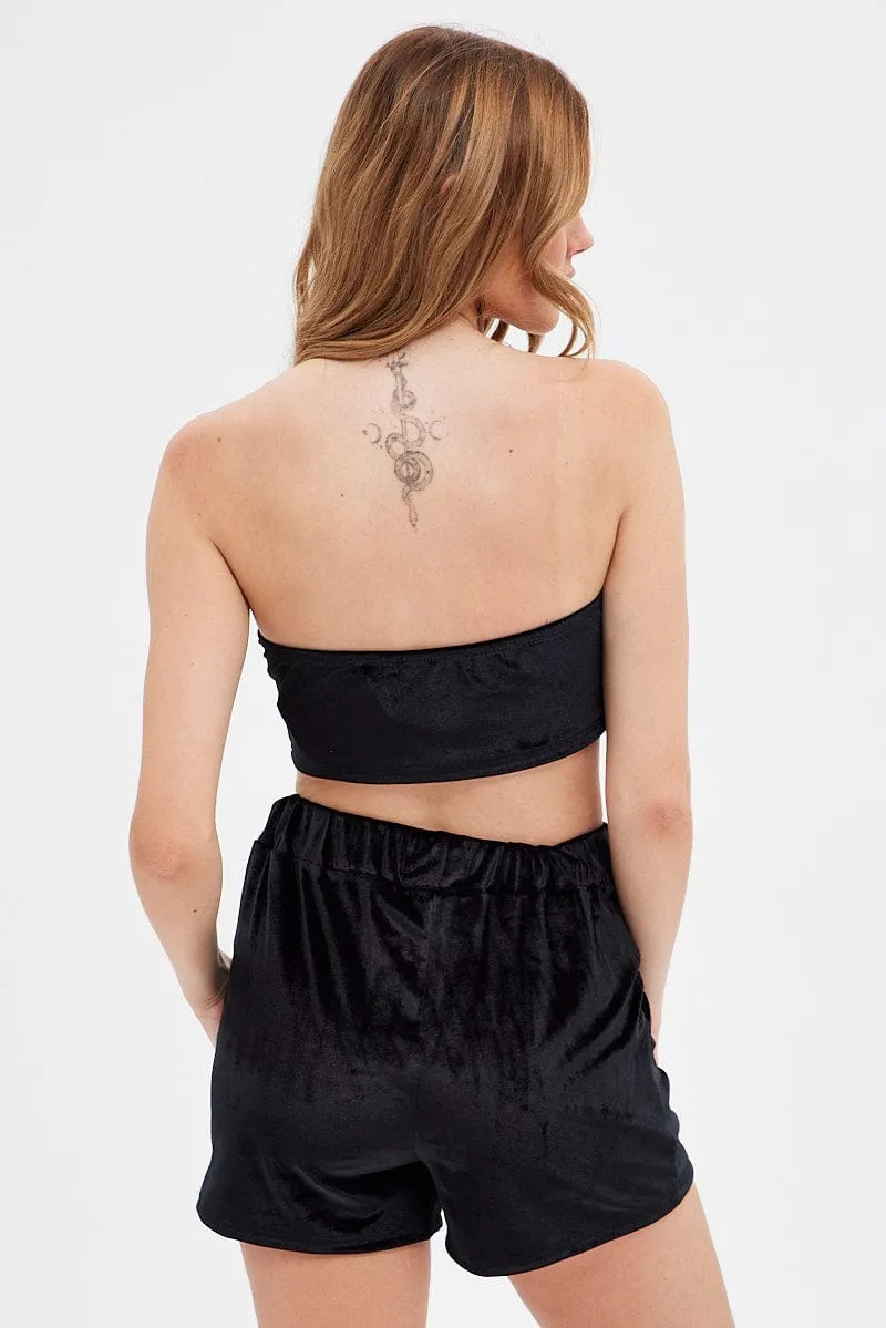 Crisp Texture Black Velvet Shorts