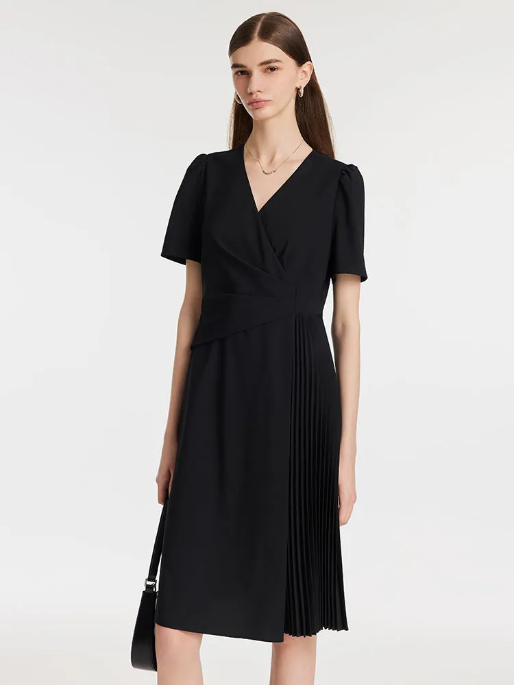 Trendy Mood Roll Up Sleeve Adaptation V-Neck Patchwork Pleated Women Mini Dress