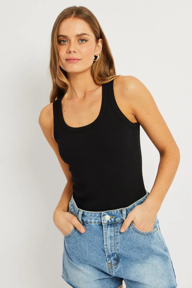 Regular Fit Black Singlet Top Contrast Stitch