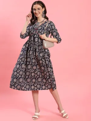 Women Navy Blue Fit And Flare Dress DurableWeave Work Ready