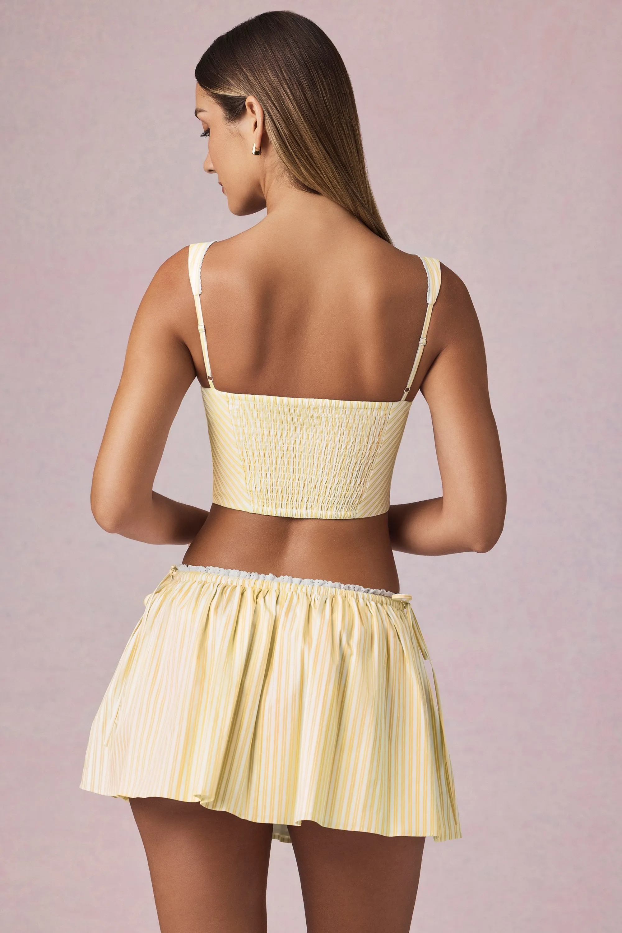 Comfort Innovation Blogger Favorite Ruched Drawstring Mini Skirt in Lemon Yellow Stripe