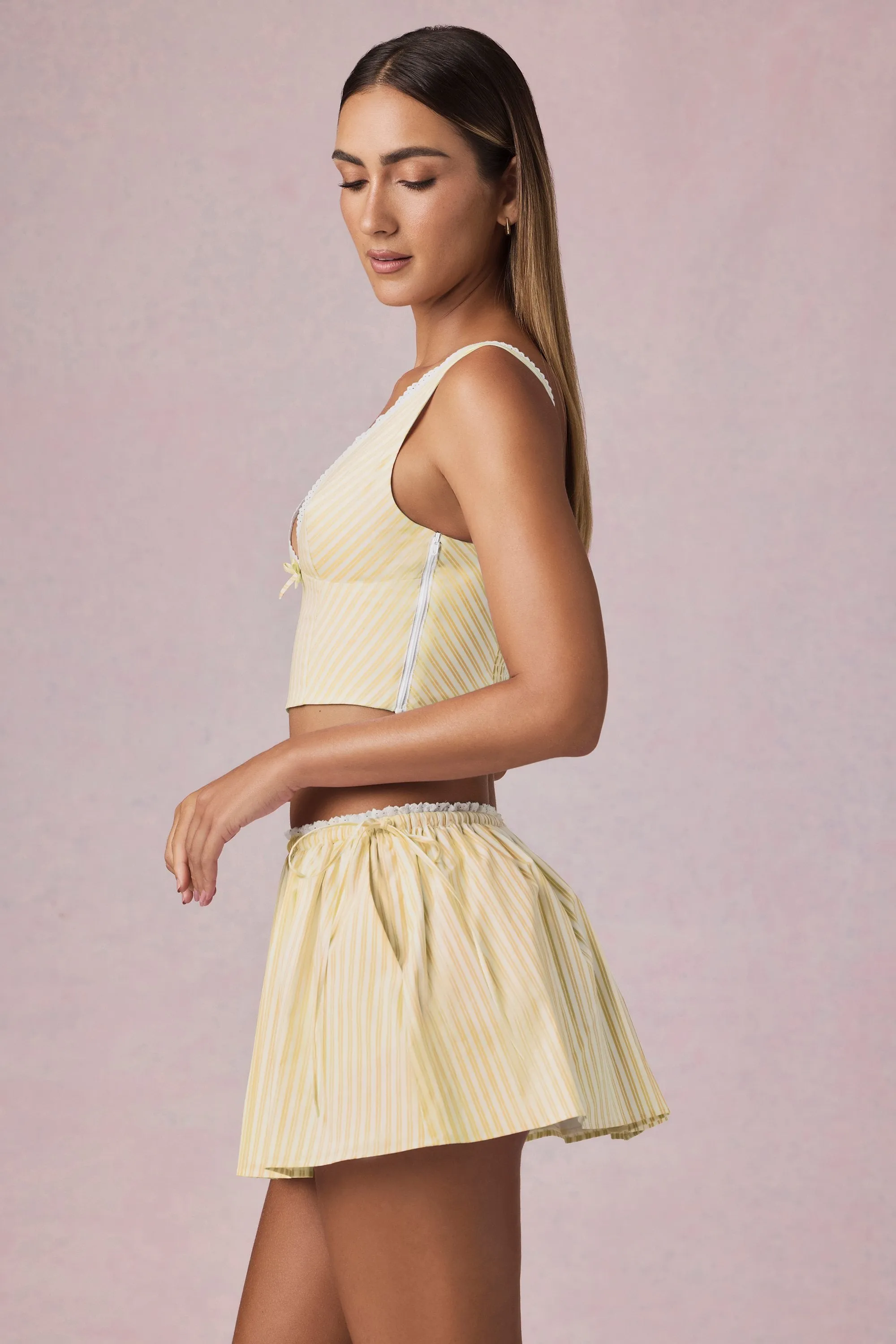 Ruched Drawstring Mini Skirt in Lemon Yellow Stripe Pleated Construction