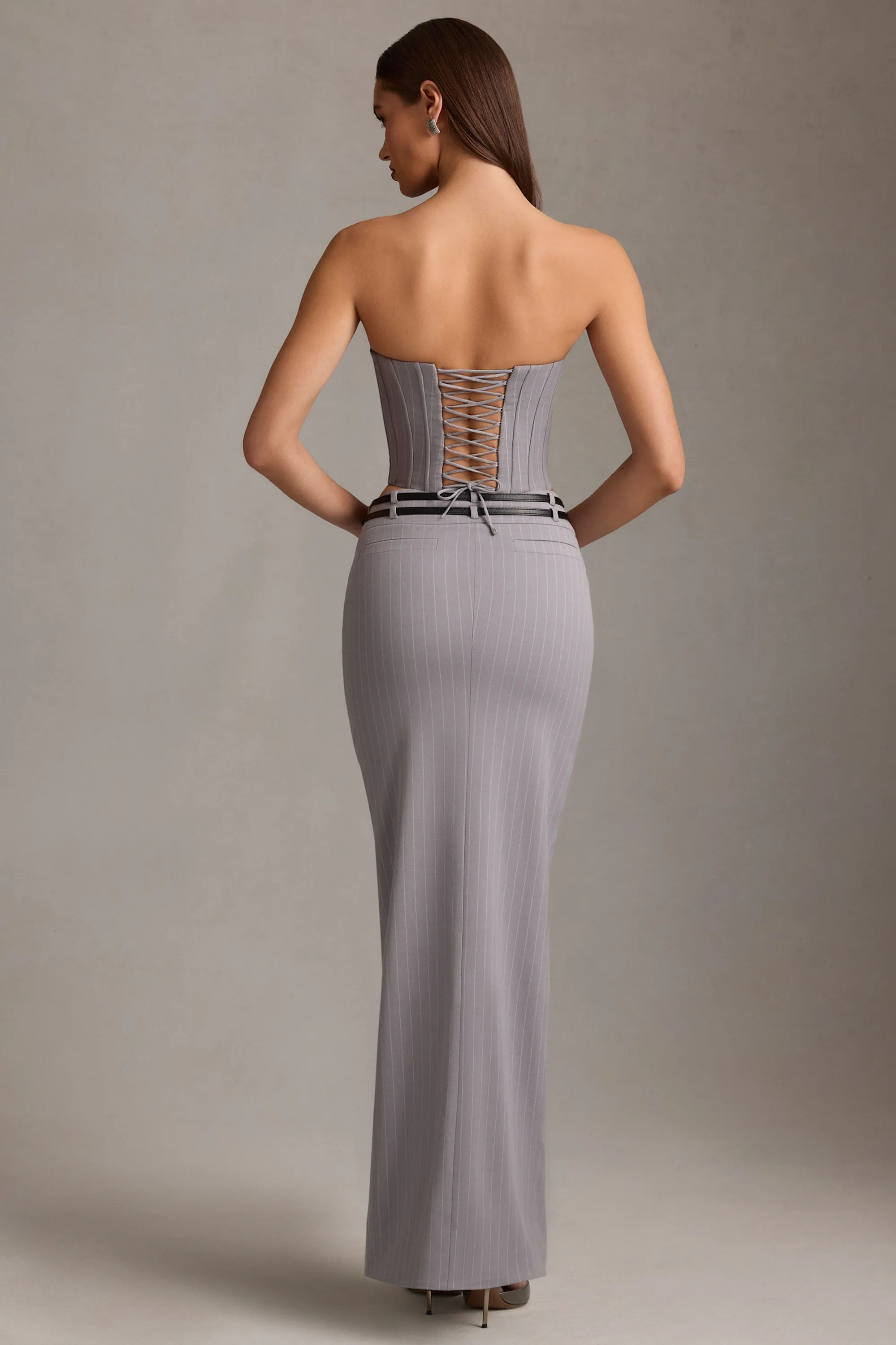 Slip Resistant Waistband Pinstripe Low-Rise Maxi Skirt in Grey