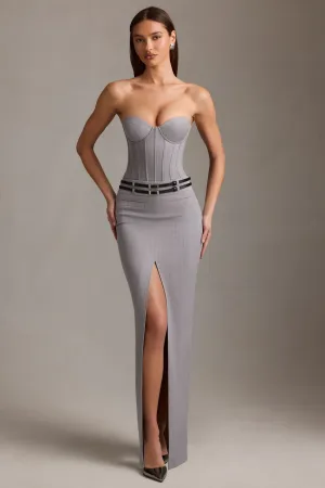 Pinstripe Low-Rise Maxi Skirt in Grey Travel Ease Push Button Closure