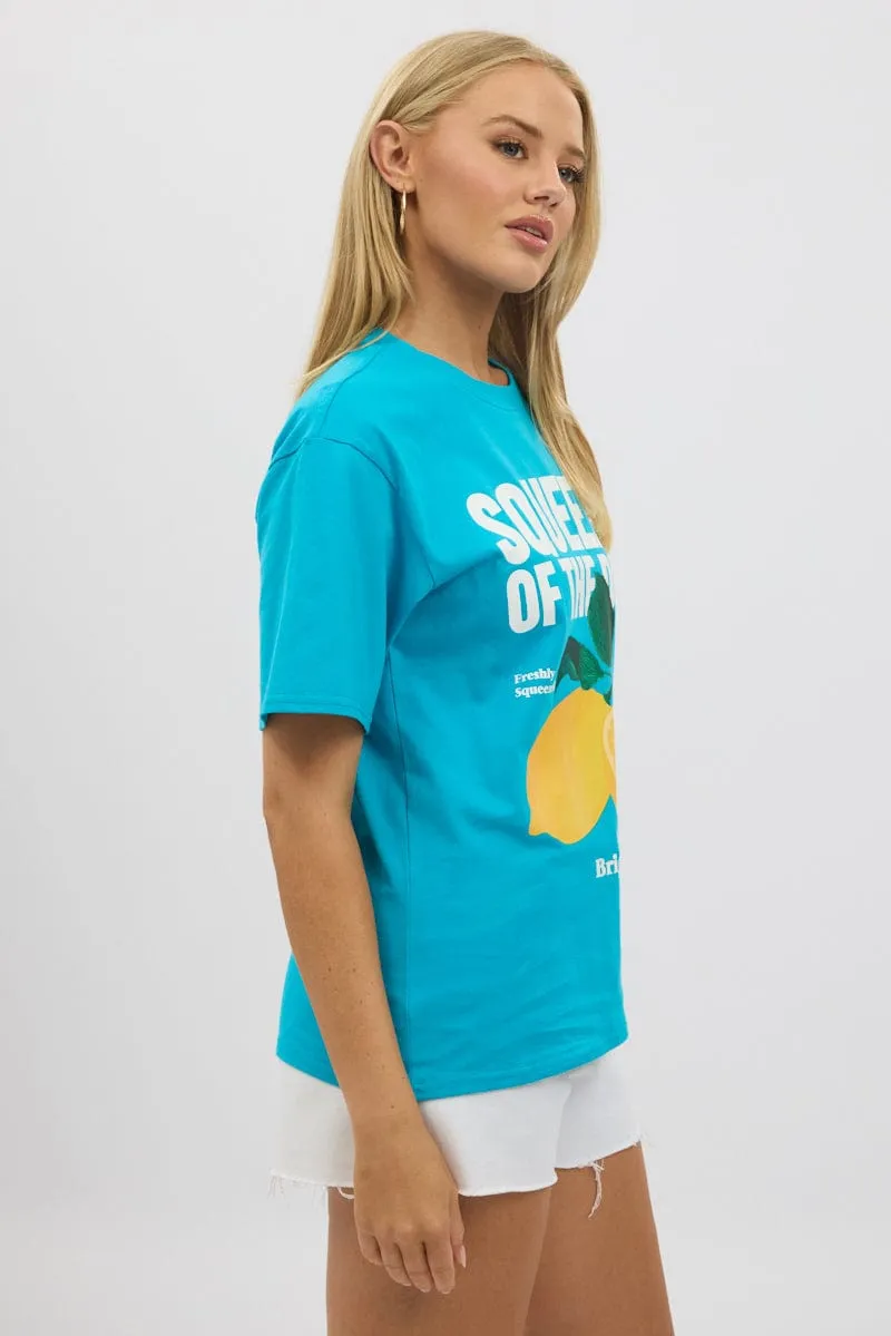 Stylish Look Blue Graphic Tee Short Sleeve