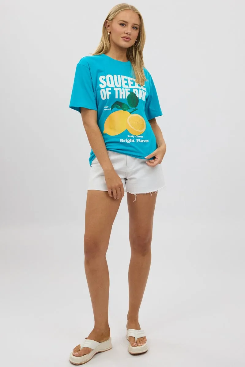 Floral Print Blue Graphic Tee Short Sleeve