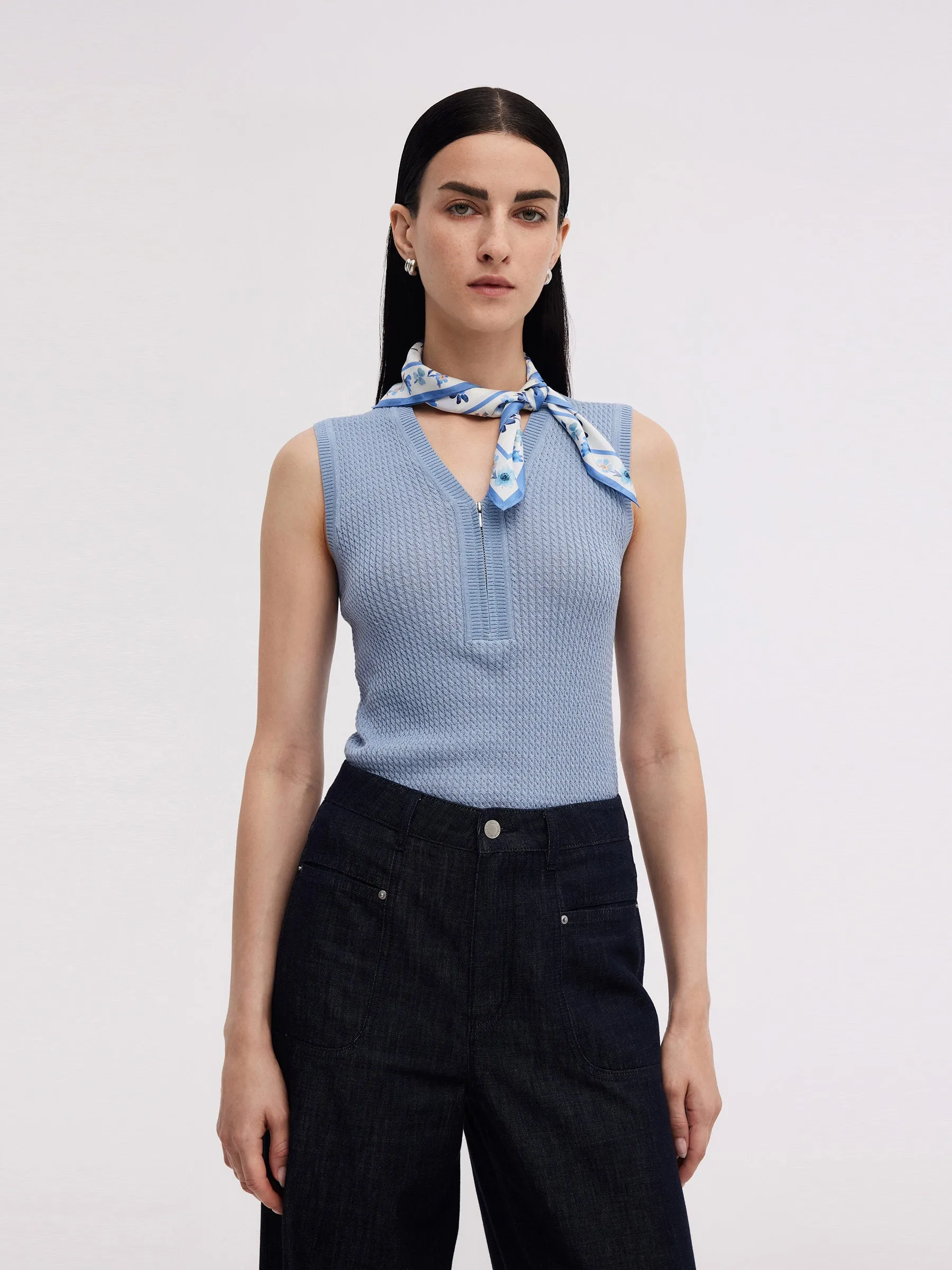 outdated technology machine washable material Tencel Blend Half-Zip Women V-Neck Knit Tank Top
