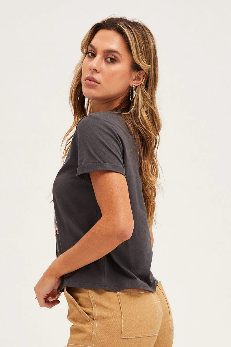Grey Short Sleeve Graphic Tee Stylish Fit Microfiber texture
