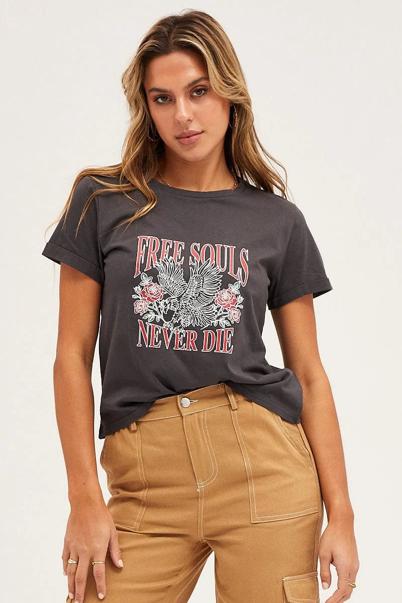 Grey Short Sleeve Graphic Tee Relaxed Comfort