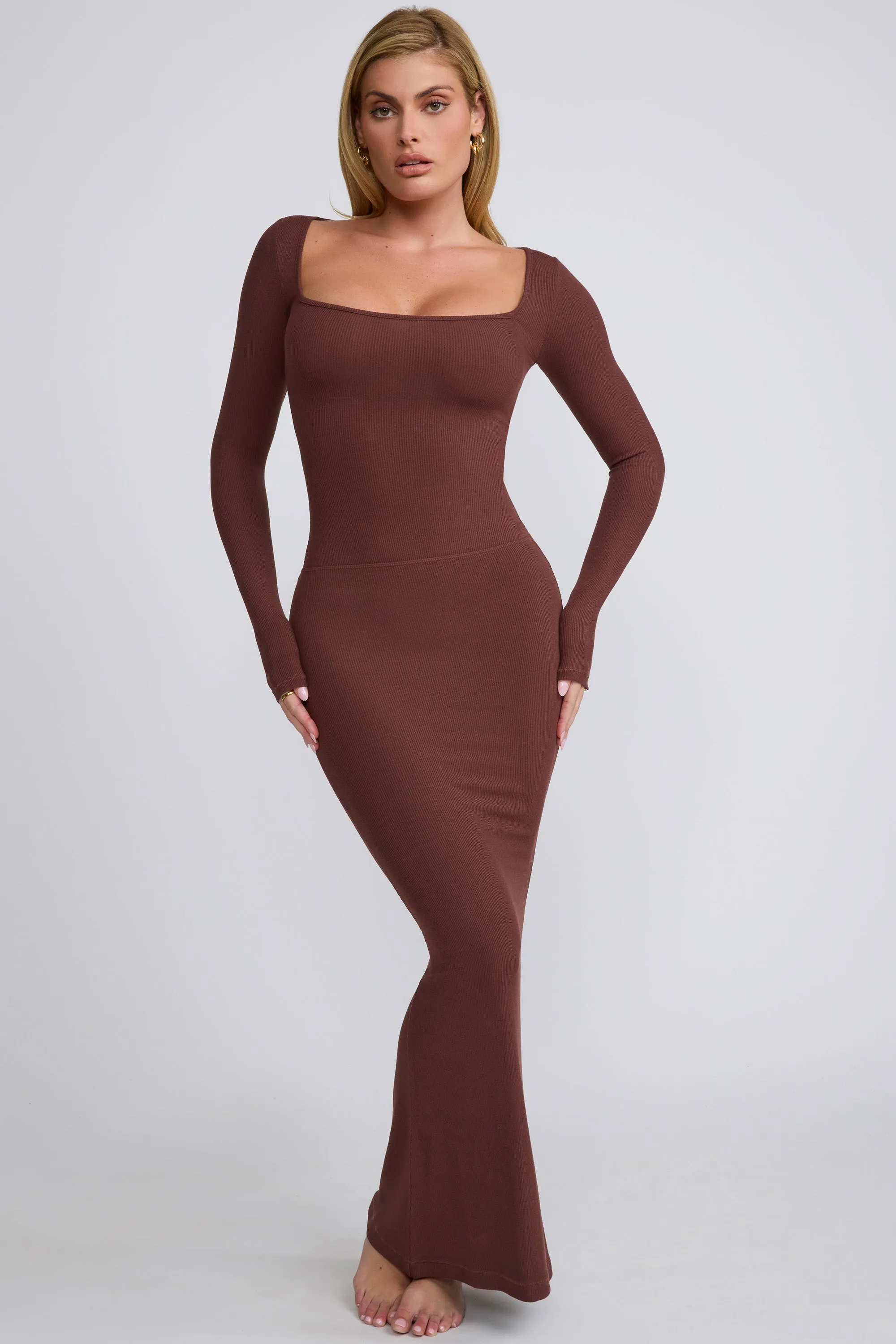 Neat Fit Ribbed Modal Mid Rise Maxi Skirt in Chocolate