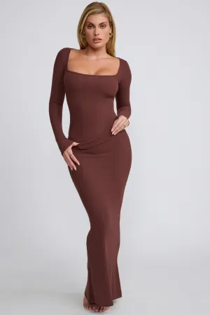 Ribbed Modal Mid Rise Maxi Skirt in Chocolate Fresh Look