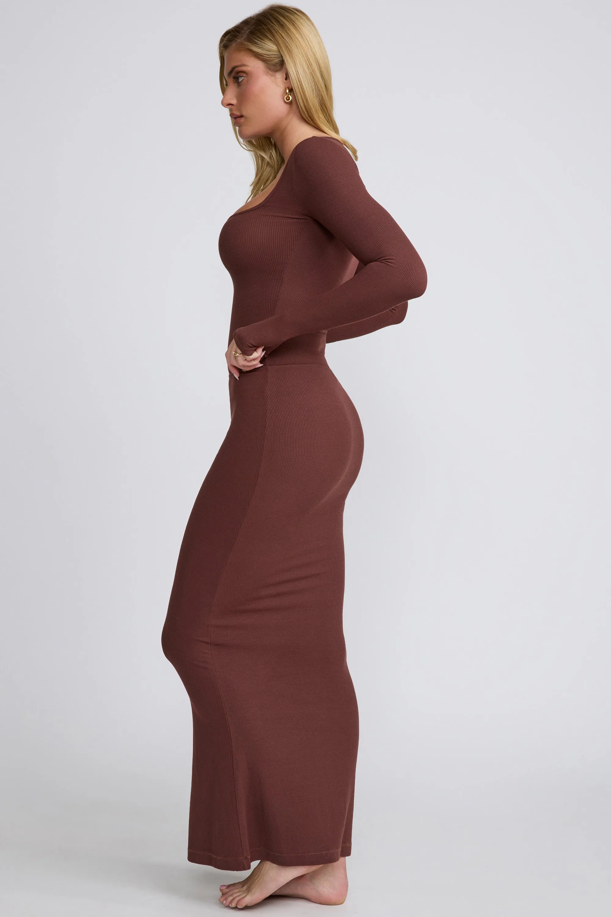 Two Tone Trim Coordinated Set Ribbed Modal Mid Rise Maxi Skirt in Chocolate