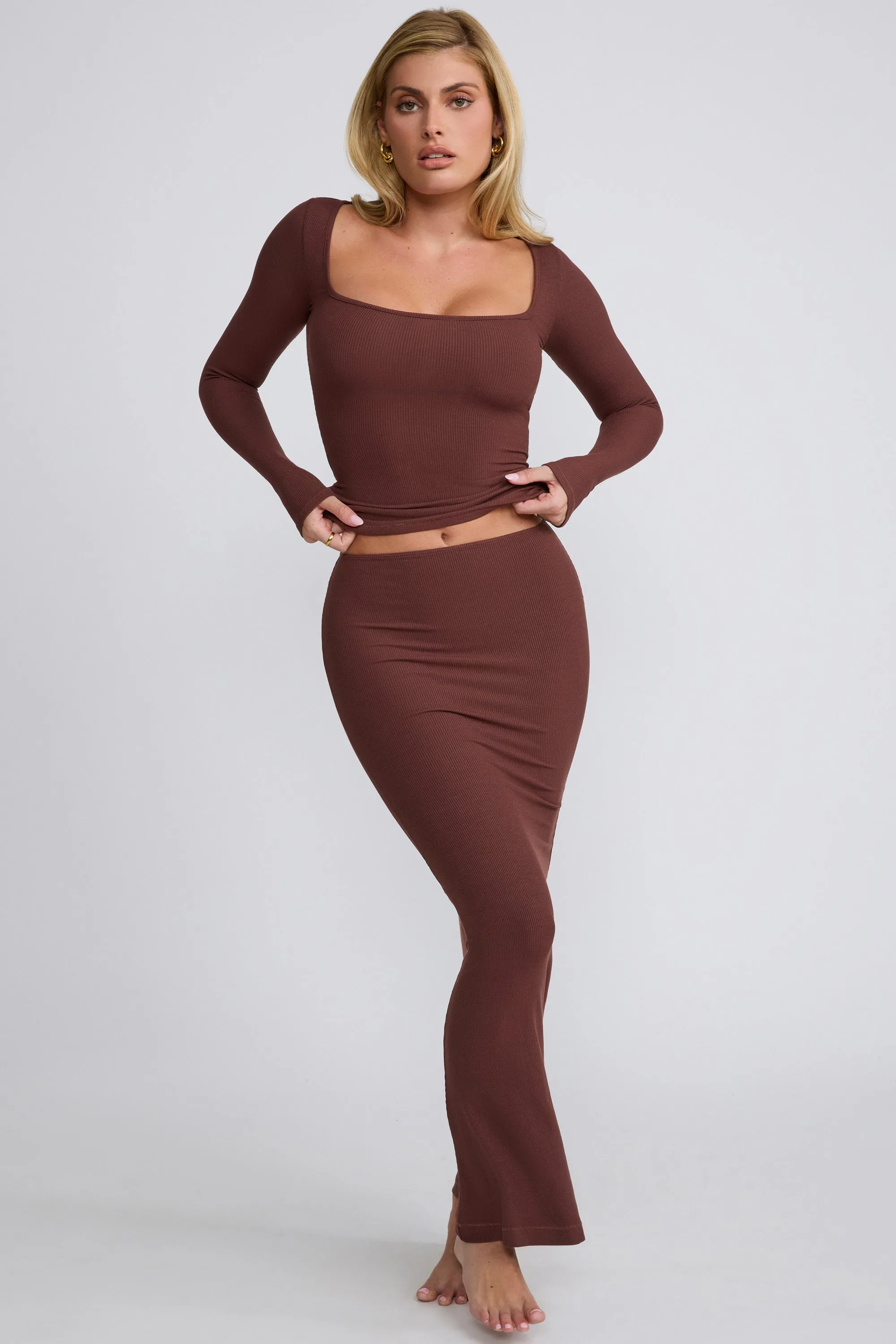 Ribbed Modal Mid Rise Maxi Skirt in Chocolate Flat Lay Collar
