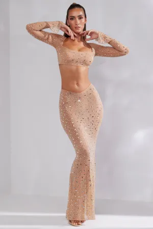 Visual Outfit Runway Ready Sheer Embellished V-Waist Gown Skirt in Almond