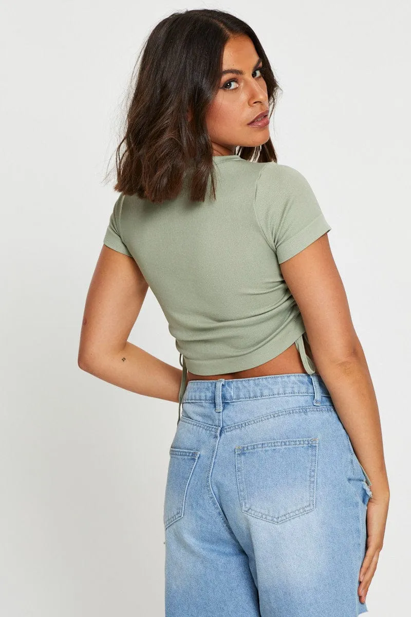 Unique Cut Green T Shirt Short Sleeve Crop Crew Neck