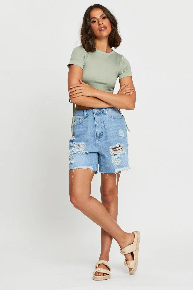 Light Pants Green T Shirt Short Sleeve Crop Crew Neck