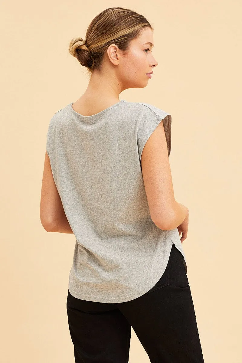Grey Relaxed T-Shirt Drop Shoulder Curved Hem Crew Neck Creative Glow