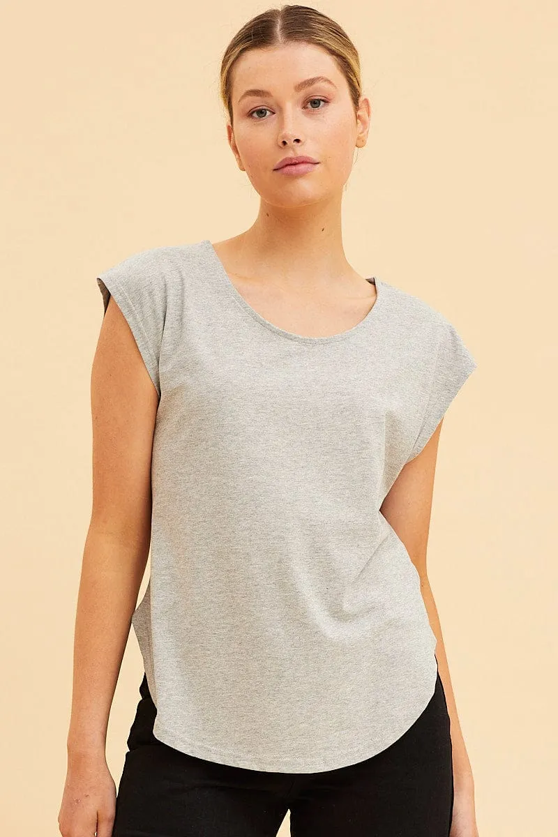 Grey Relaxed T-Shirt Drop Shoulder Curved Hem Crew Neck Motion Core
