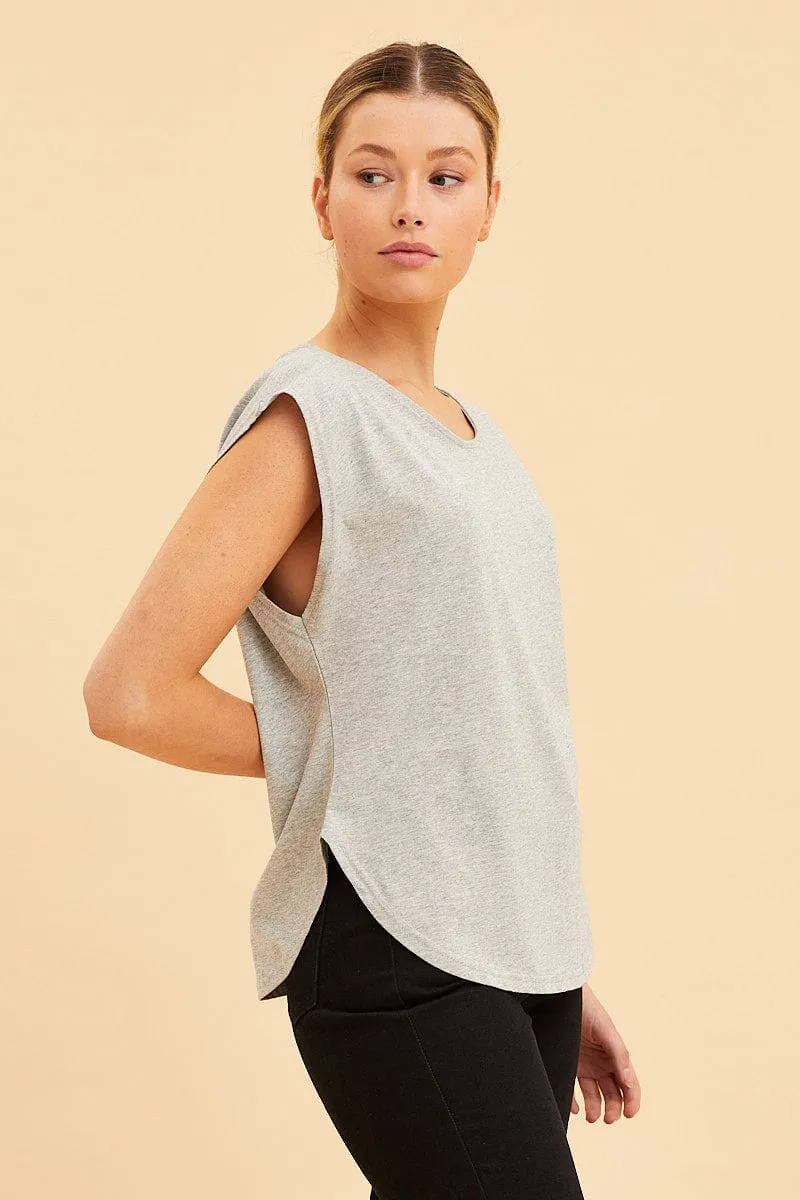 Grey Relaxed T-Shirt Drop Shoulder Curved Hem Crew Neck Business Outfit