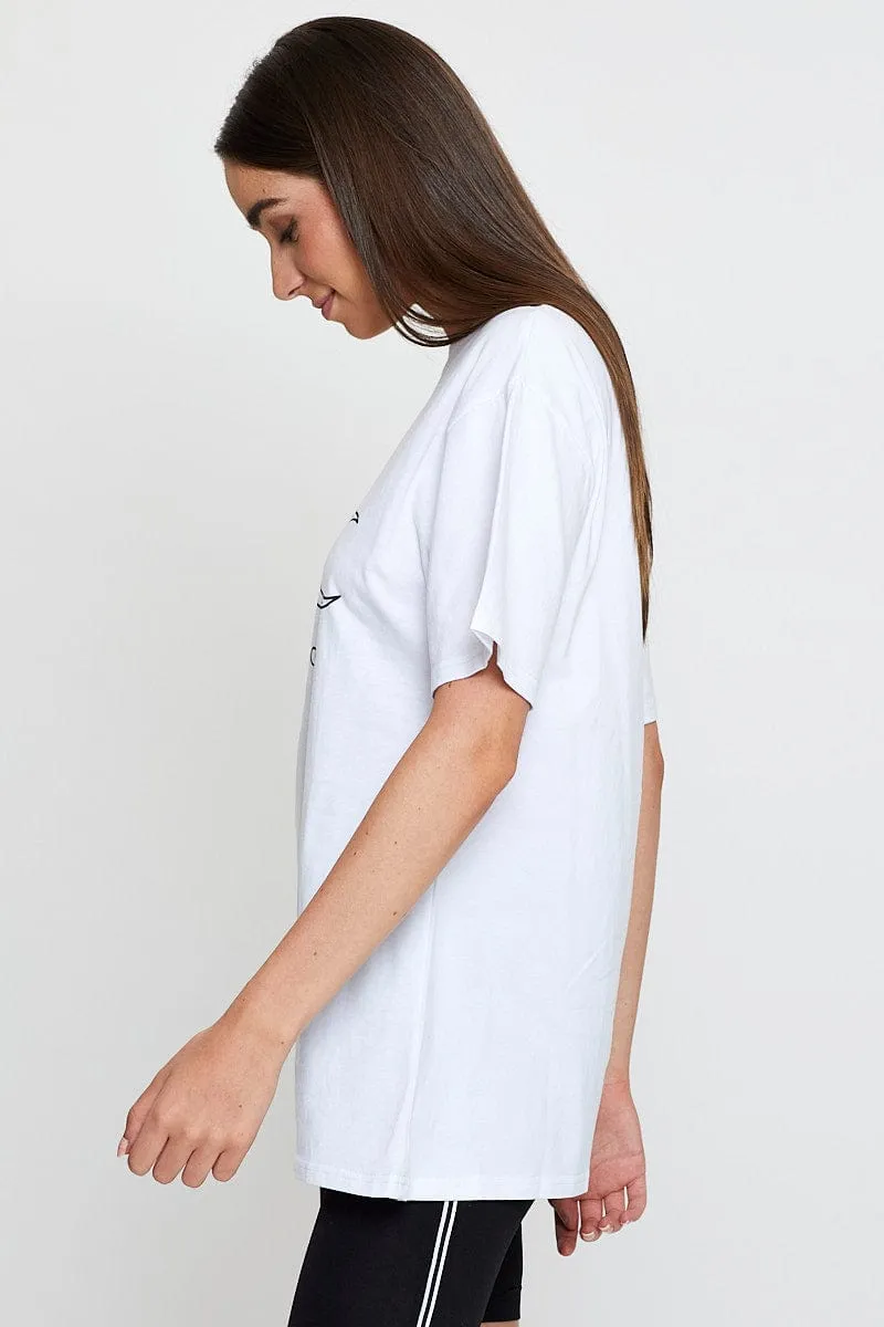 White Graphic T Shirt Short Sleeve tall size Curved Hemline