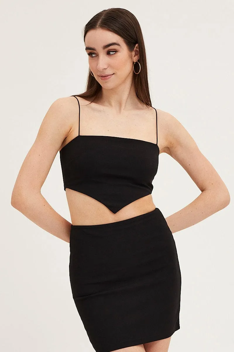 Black Ponte Scarf Crop Top Casual Look Adjustable Drawcord