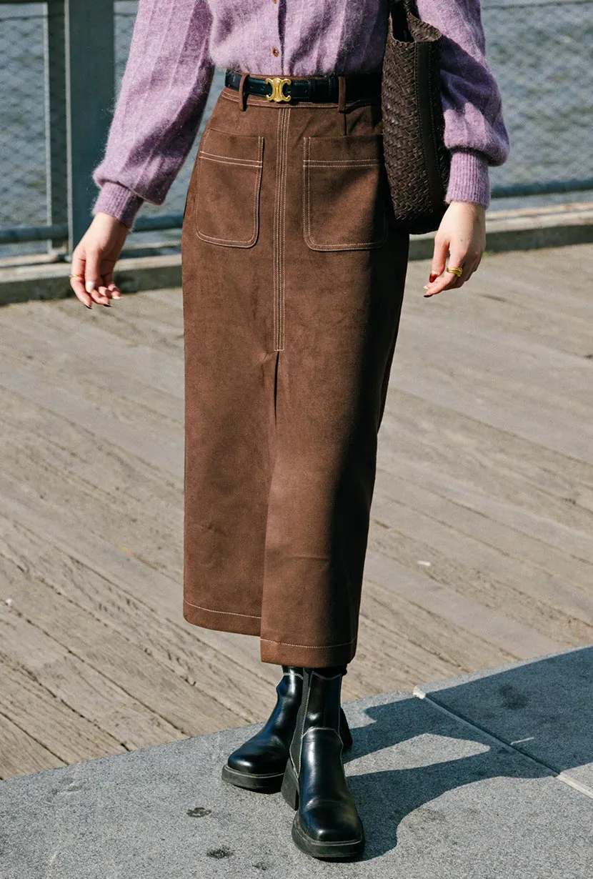 Debbie Suede Pencil Skirt - Chocolate Ventilated Back Panel