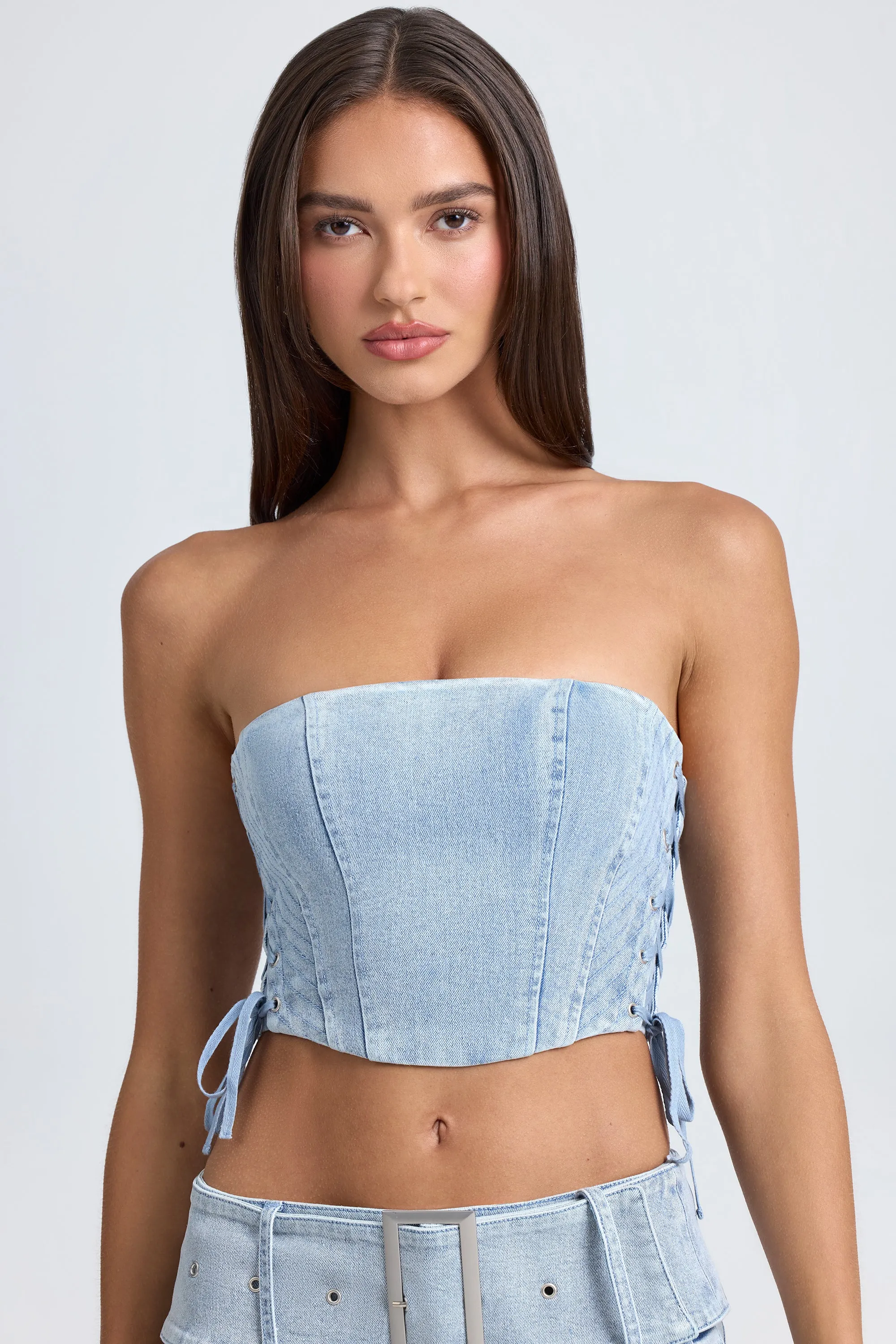 Roomy Design Soft Blouse Bandeau Lace-Up Corset Crop Top in Light Blue Stonewash