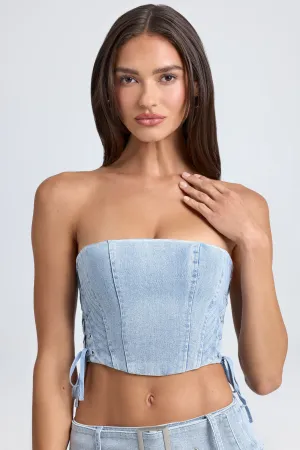 Bandeau Lace-Up Corset Crop Top in Light Blue Stonewash Relaxed Fit