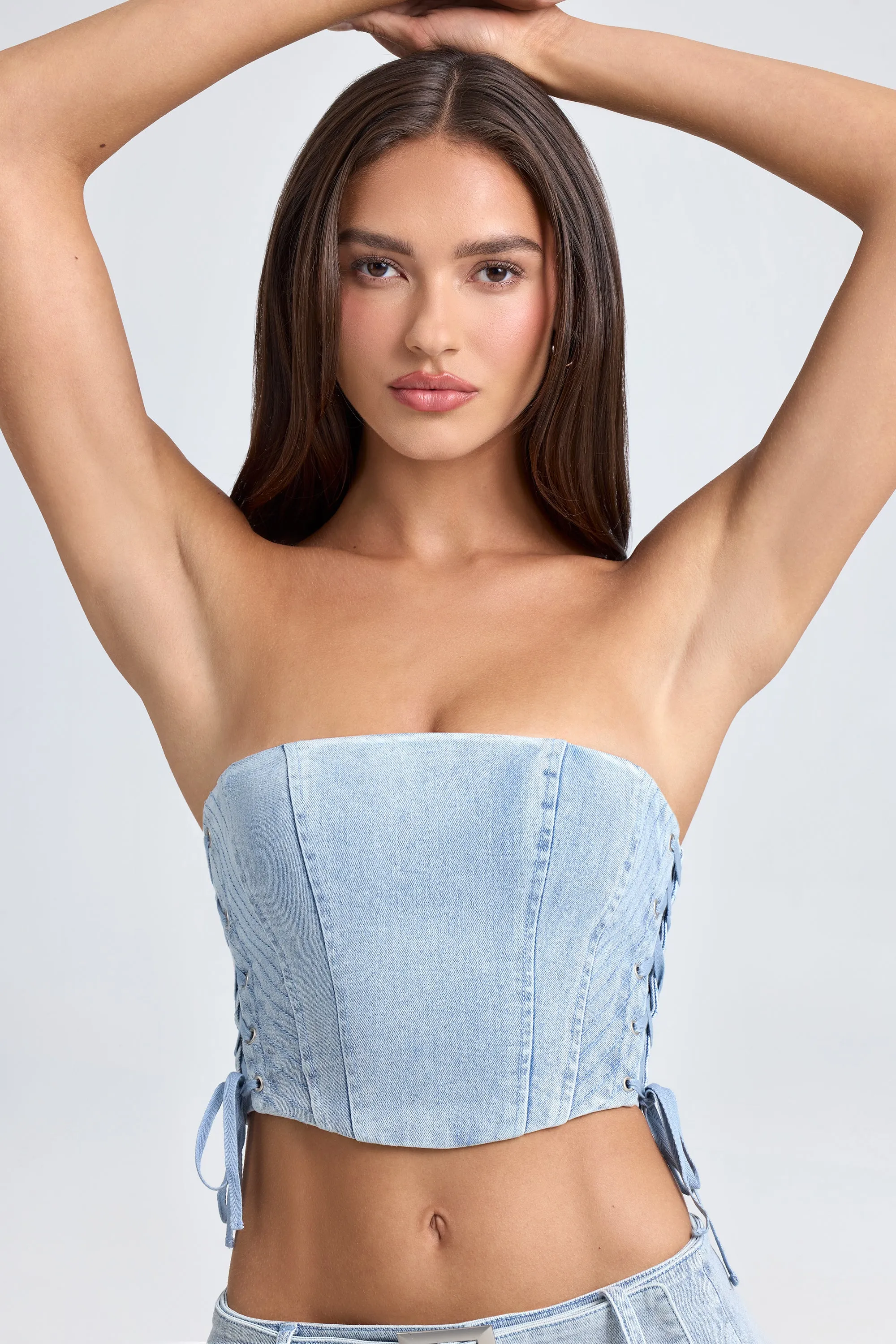 Dad Core Bandeau Lace-Up Corset Crop Top in Light Blue Stonewash