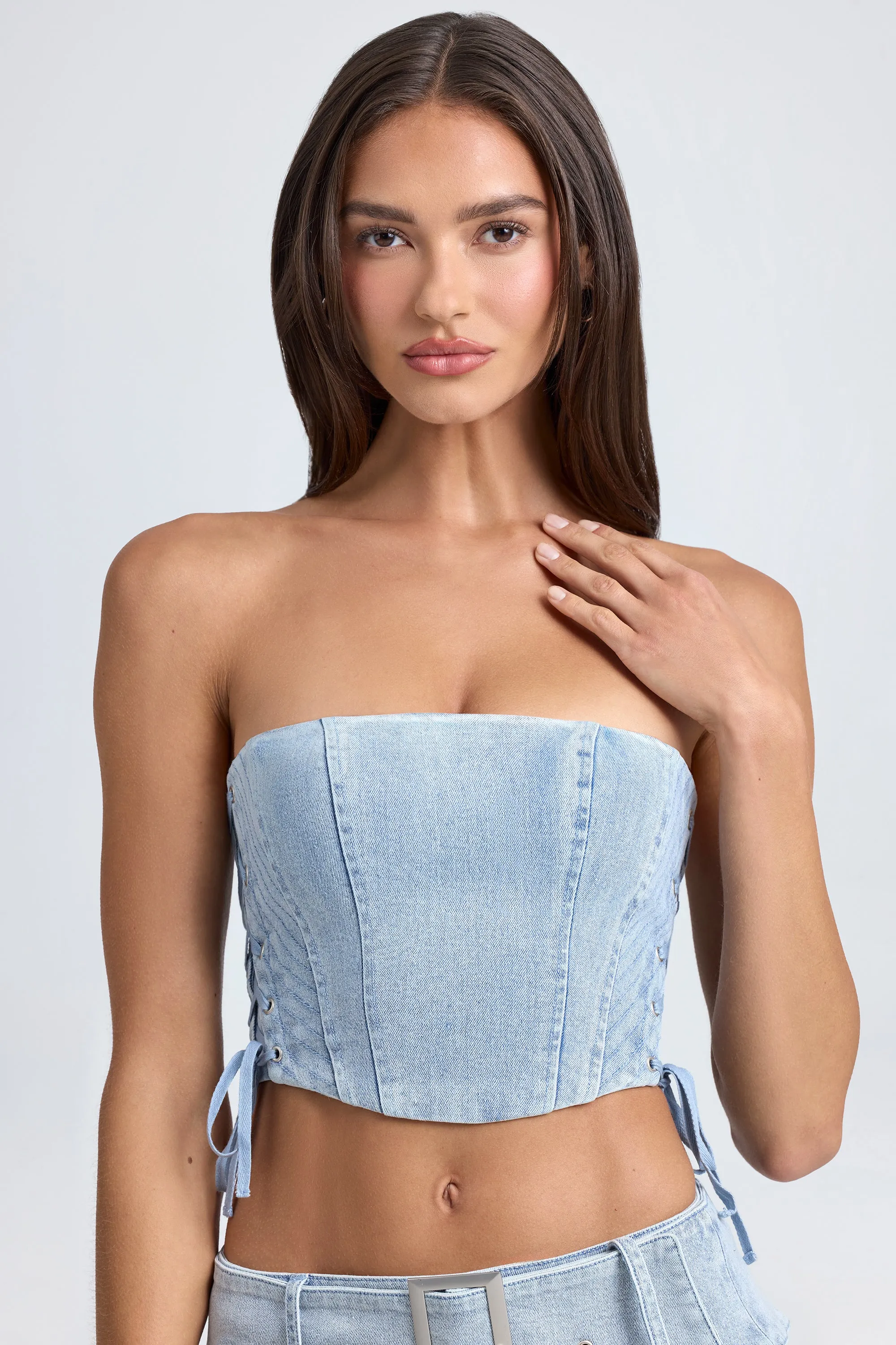 Bandeau Lace-Up Corset Crop Top in Light Blue Stonewash Relaxed Fit
