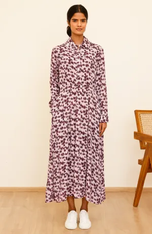 Minette Viscose Crepe Printed Shirt Dress | Animal Ikat Fig Romantic Soul