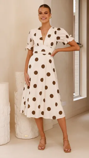 Alondra Midi Dress - White/Camel Stylish Details