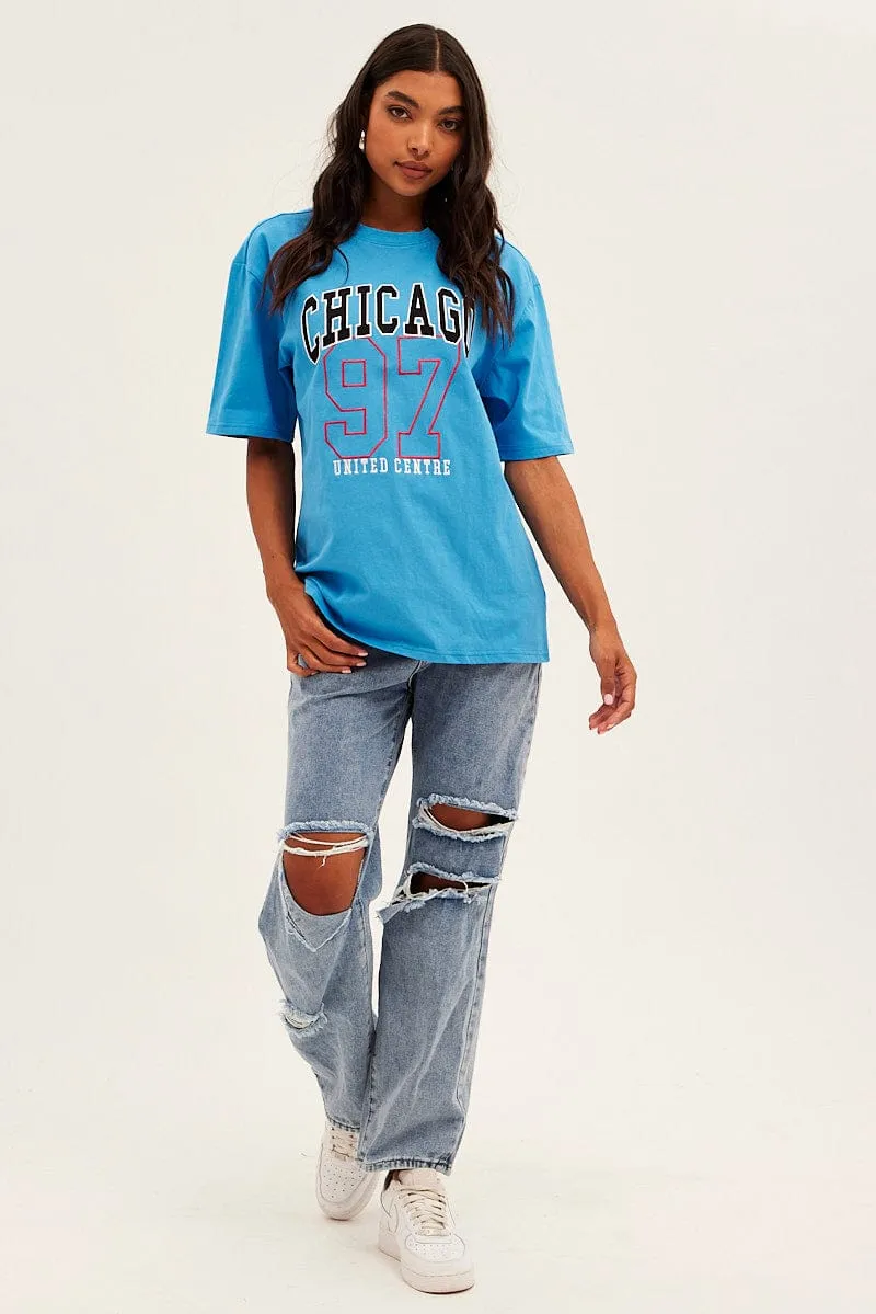 Comfortable and Chic Bold Statement Blue Chicago Tee Short Sleeve Round Neck Embroidered