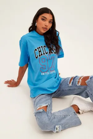 Blue Chicago Tee Short Sleeve Round Neck Embroidered Curved Hemline hiking clothes
