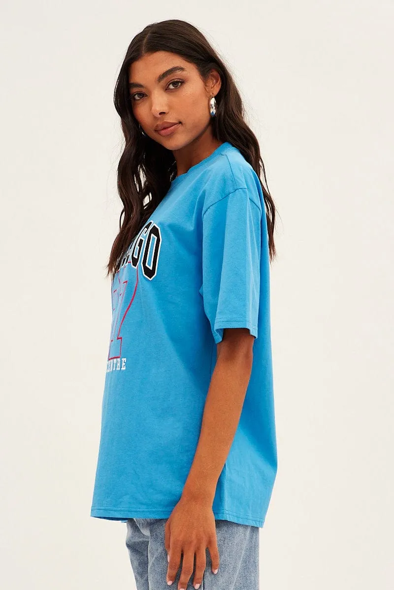 Blue Chicago Tee Short Sleeve Round Neck Embroidered monochromatic