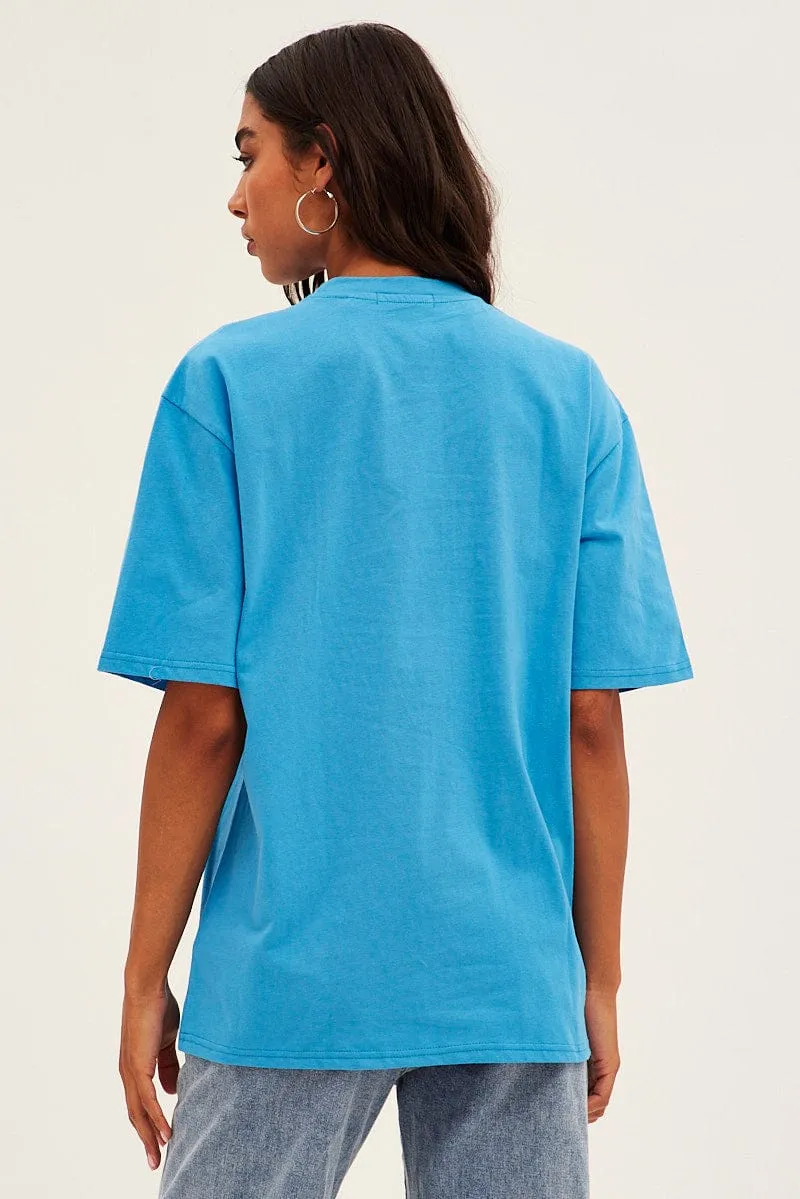 Blue Chicago Tee Short Sleeve Round Neck Embroidered No Shrink Fabric Versatile Wearable