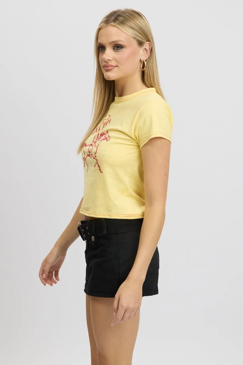 Gym workout LayeredSleeveConstruction Yellow Graphic Tee Short Sleeve