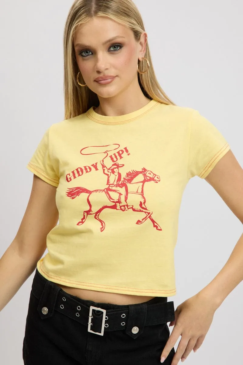 Yellow Graphic Tee Short Sleeve Elderly Comfort