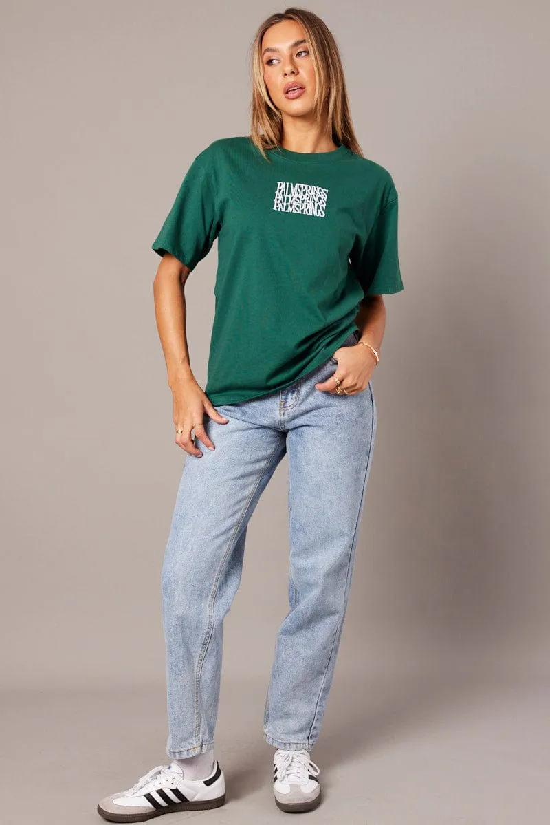 Simple Comfort Look Green Graphic Tee Short Sleeve