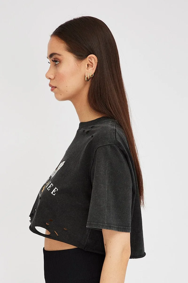 Grey Graphic Tee Short Sleeve Crop Round Neck Sleek Style