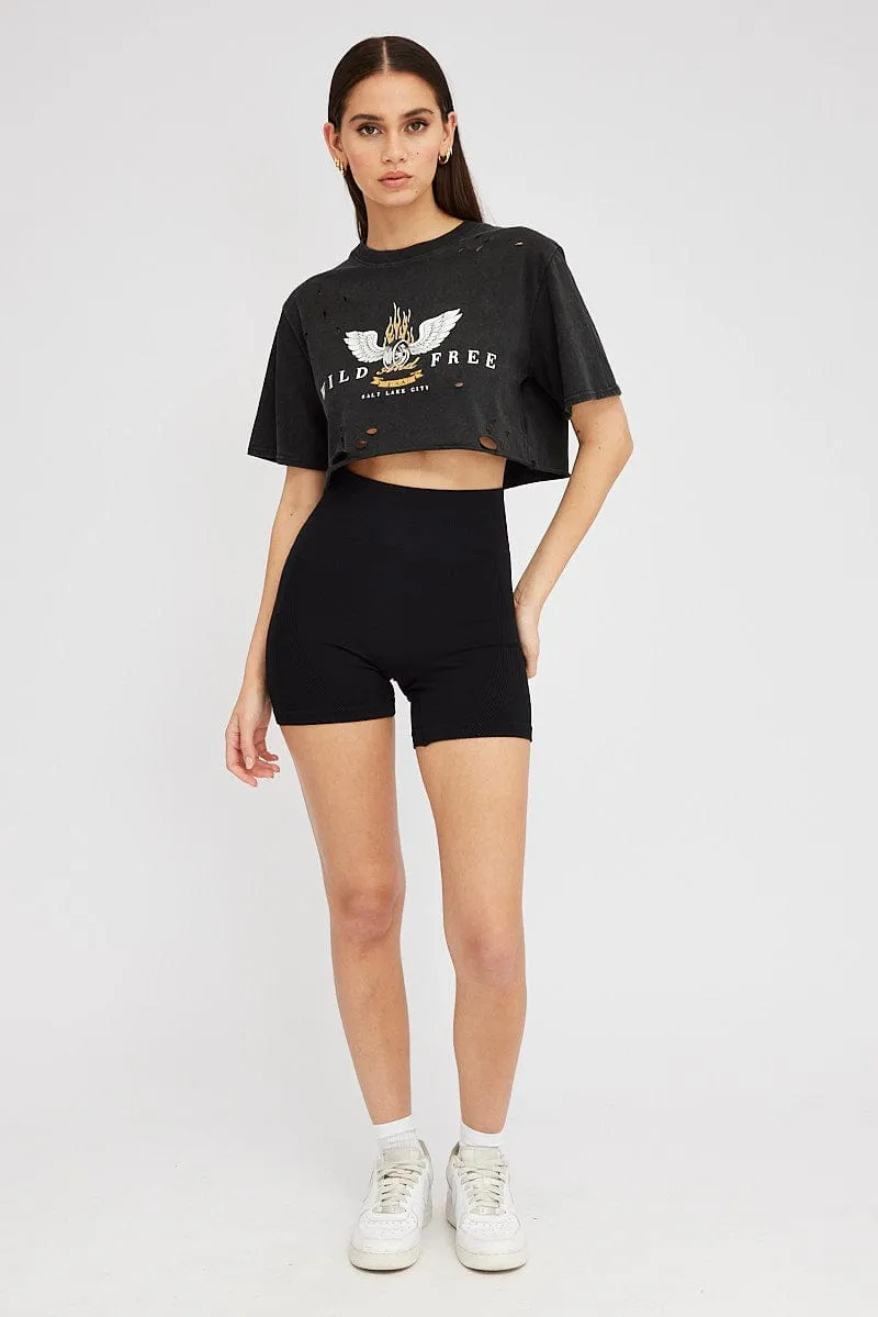 Grey Graphic Tee Short Sleeve Crop Round Neck GentleWashResistance